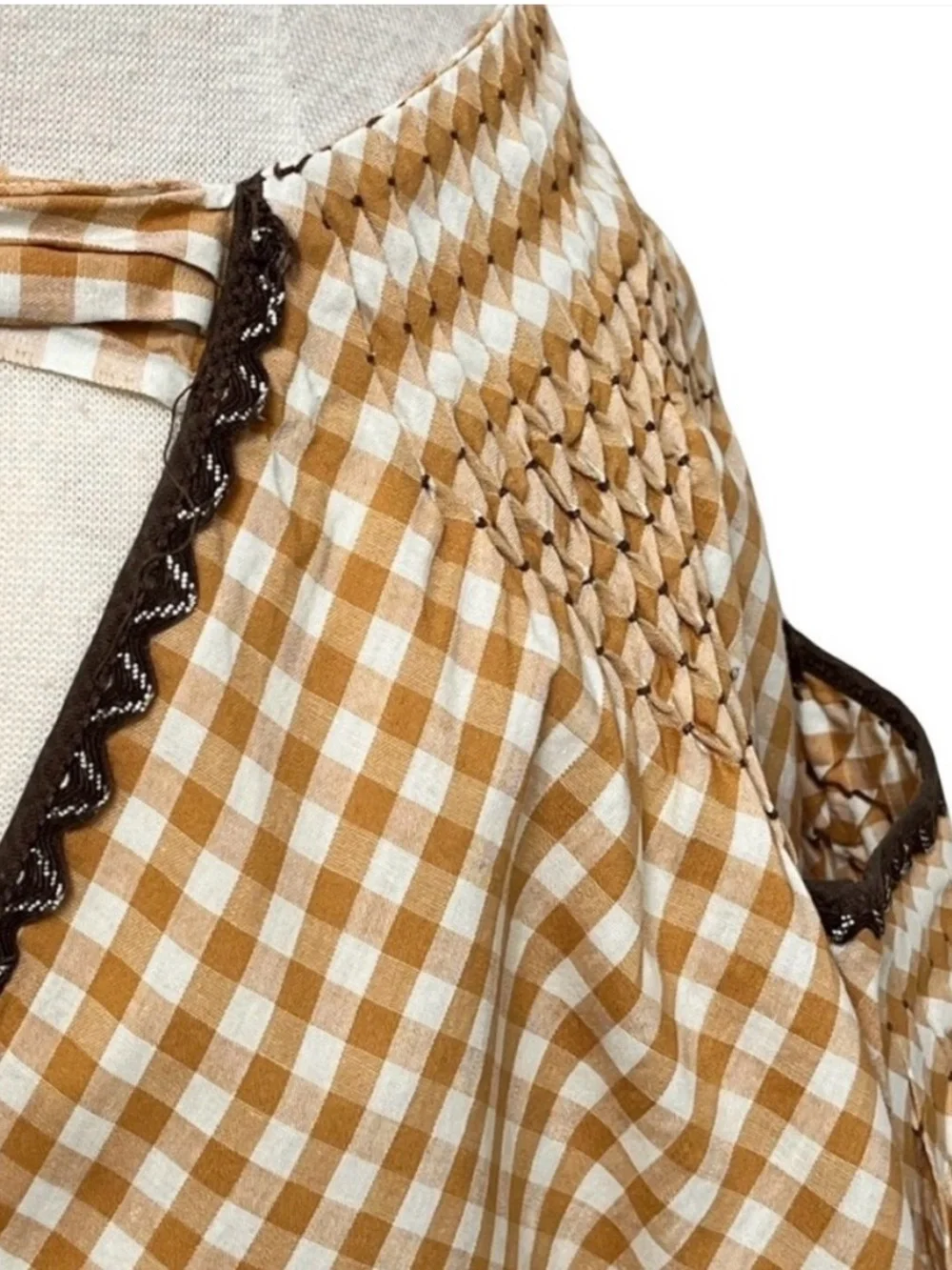 Vintage Gingham Tie-Waist Smocked Apron in Mustard and Brown trim
